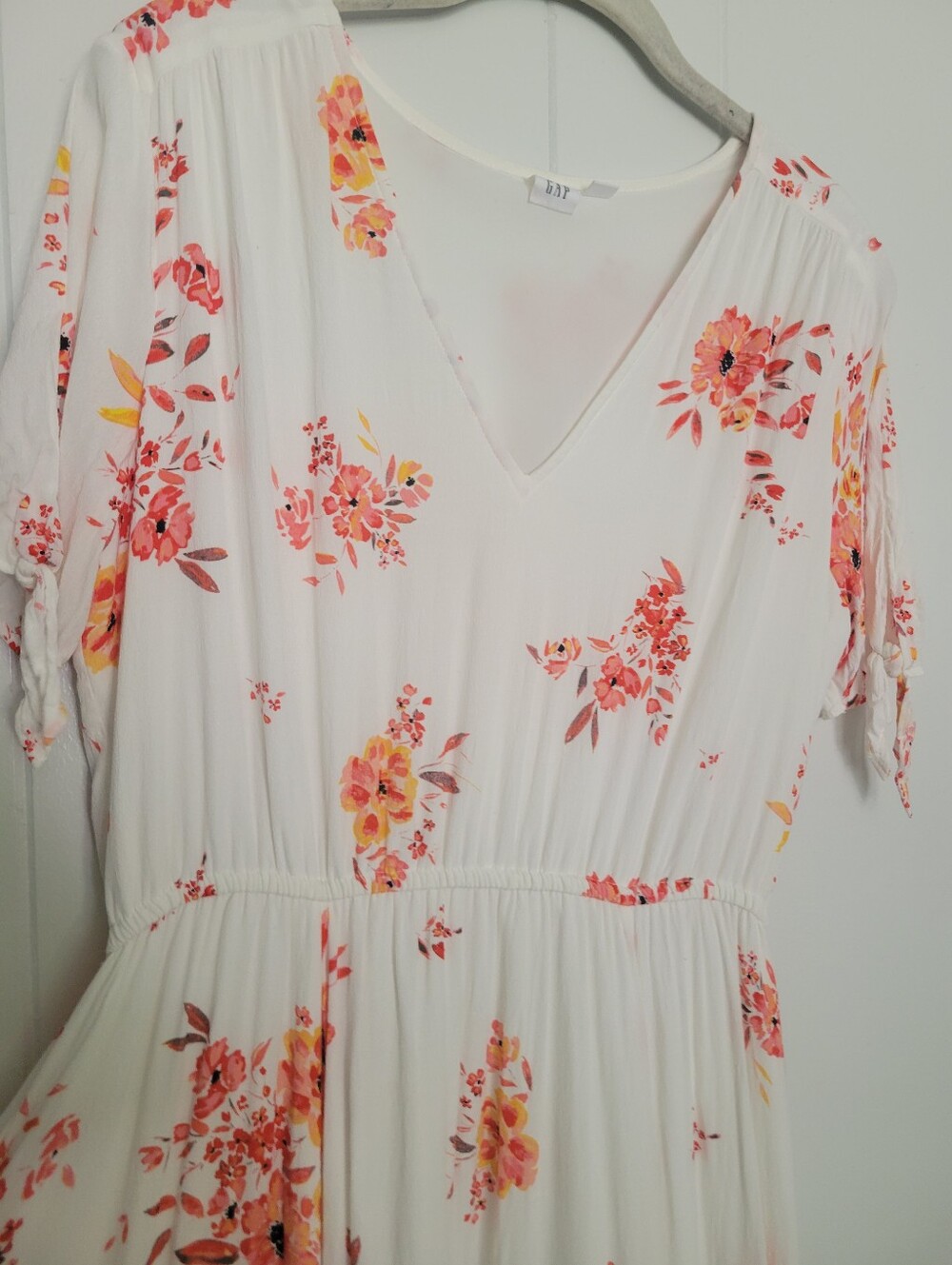 Gap Floral Dress White & Orange Short Tie Sleeves V Neck Rayon Feminine MD - Picture 3 of 7